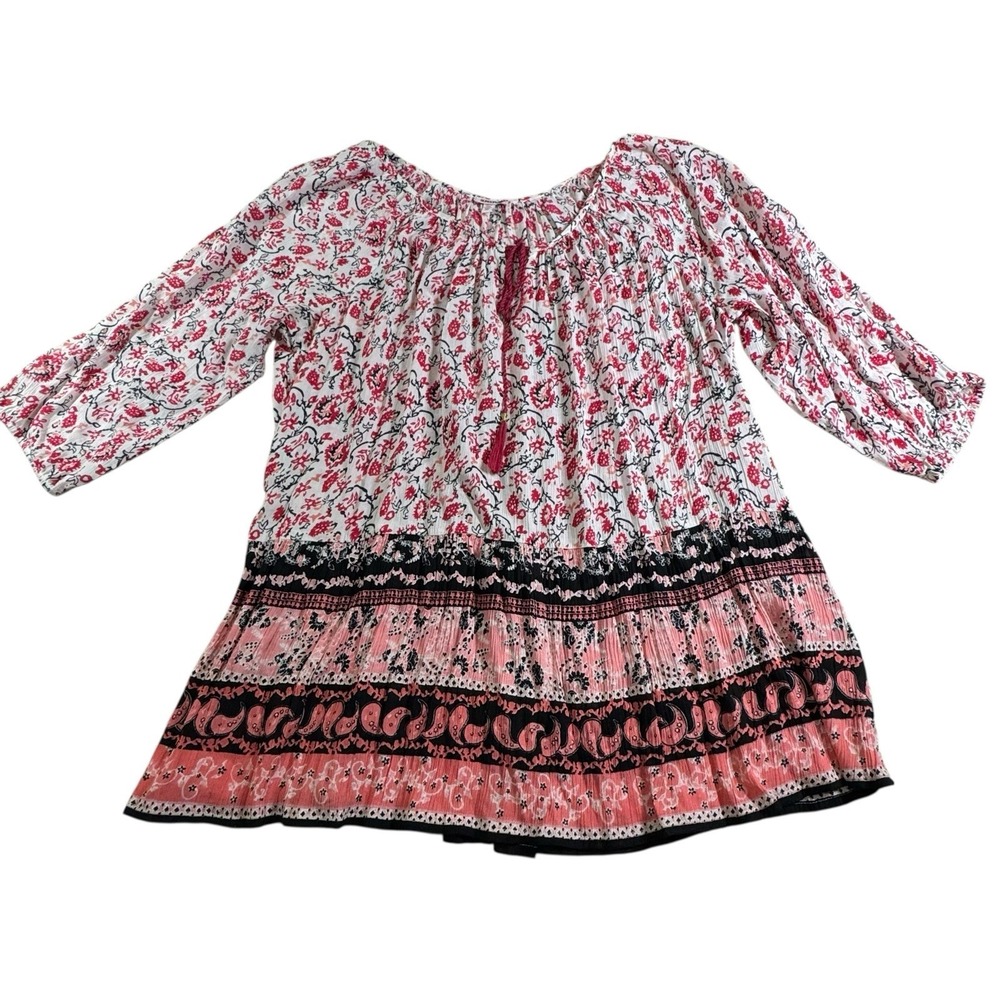 Bongo Plus Blouse Womens Size 2X Red & White Boho‎ 3/4  Sleeve Tie